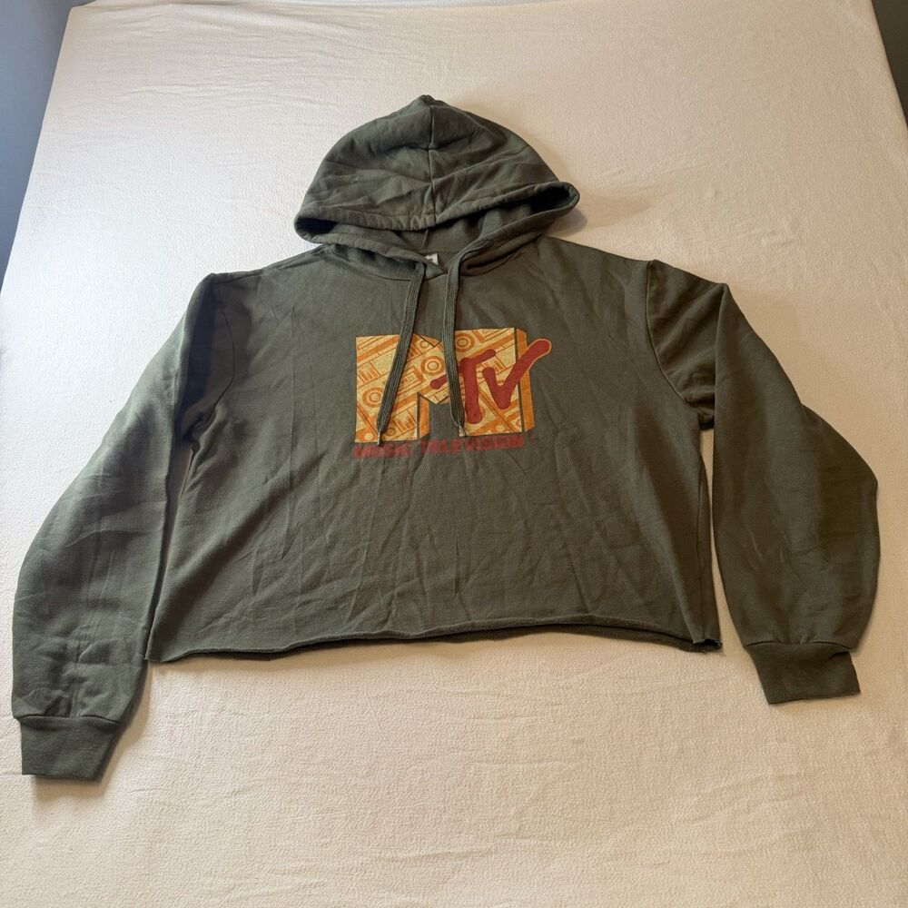 MTV music television ART GRAPHIC on M green cropped hoodie women's M